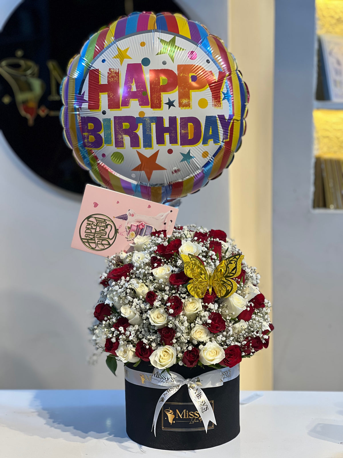 Revlon with helium balloon